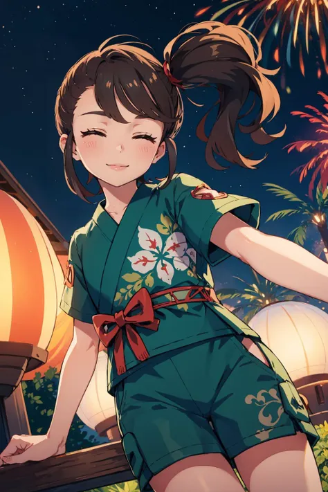 masterpiece, best quality,   <lora:pokemon_juliana-10:0.8> pokemonjuliana, side ponytail, green shirt, short kimono, short sleeves, green shorts, night sky, paper lanterns, fireworks, smile, closed eyes