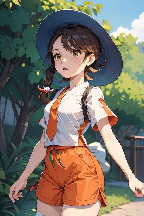 (masterpiece, best quality), 1girl,  <lora:pokemon_juliana:0.8> pokemonjuliana, single braid, hat, white shirt, orange necktie, short sleeves, orange shorts, side ponytail, green shirt, short kimono, short sleeves, green shorts