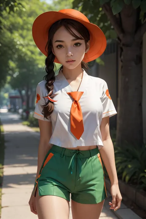 (masterpiece, best quality), 1girl,  <lora:pokemon_juliana:0.8> pokemonjuliana, single braid, hat, white shirt, orange necktie, short sleeves, orange shorts, side ponytail, green shirt, short kimono, short sleeves, green shorts