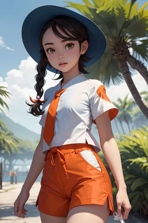 (masterpiece, best quality), 1girl,  <lora:pokemon_juliana:0.8> pokemonjuliana, single braid, hat, white shirt, orange necktie, short sleeves, orange shorts, side ponytail, green shirt, short kimono, short sleeves, green shorts