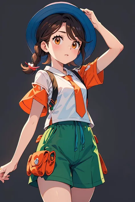 (masterpiece, best quality), 1girl,  <lora:pokemon_juliana:0.8> pokemonjuliana, single braid, hat, white shirt, orange necktie, short sleeves, orange shorts, side ponytail, green shirt, short kimono, short sleeves, green shorts