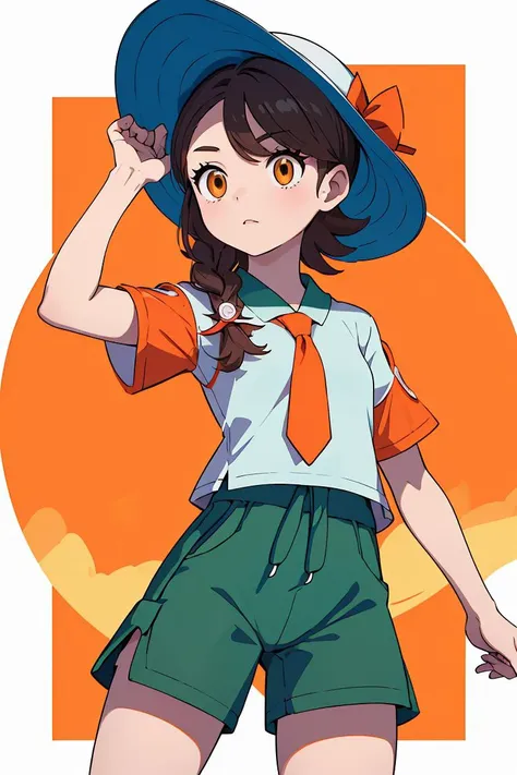 (masterpiece, best quality), 1girl,  <lora:pokemon_juliana:0.8> pokemonjuliana, single braid, hat, white shirt, orange necktie, short sleeves, orange shorts, side ponytail, green shirt, short kimono, short sleeves, green shorts