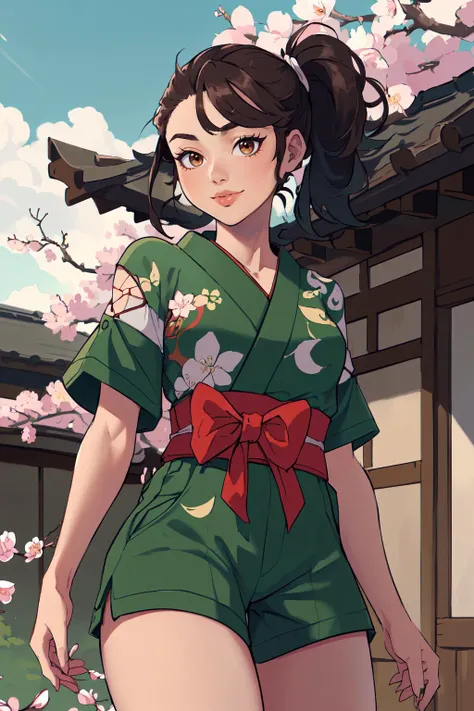 (masterpiece,best quality,absurdres,beautiful,sharp,detailed),cinematic angle,outside,cheery blossoms,1girl,side ponytail, green shirt, short kimono, short sleeves, green shorts,slight smile <lora:pokemon_juliana-10:0.8>