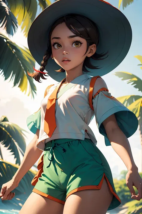 (masterpiece, best quality), 1girl,  <lora:pokemon_juliana:0.8> pokemonjuliana, single braid, hat, white shirt, orange necktie, short sleeves, orange shorts, side ponytail, green shirt, short kimono, short sleeves, green shorts