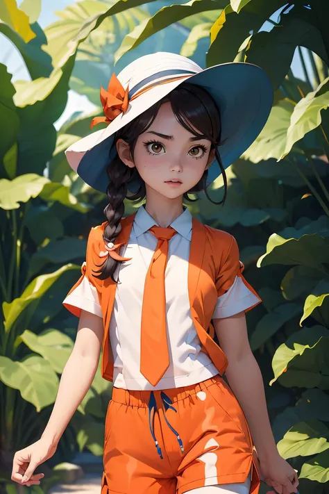 (masterpiece, best quality), 1girl,  <lora:pokemon_juliana:0.8> pokemonjuliana, single braid, hat, white shirt, orange necktie, short sleeves, orange shorts, side ponytail, green shirt, short kimono, short sleeves, green shorts