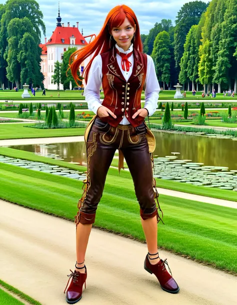 Ankama vivid animation style 1girl,Erza Scarlet, wearing Hosn, pant, necktie, brown shoe, wild leather, vest, at Castle Nymphenburg, ,,. Vibrant colors, expansive storyworlds, stylized characters, flowing motion