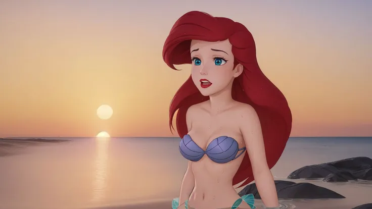 busty girl ((The little Mermaid/ human)) foreground, naked, voluminous lips , large and expressive eyes, Long hair , on the beach, legs apart, bracelet on the right hand and slender body, blue sky and white clouds in 8K wallpaper
