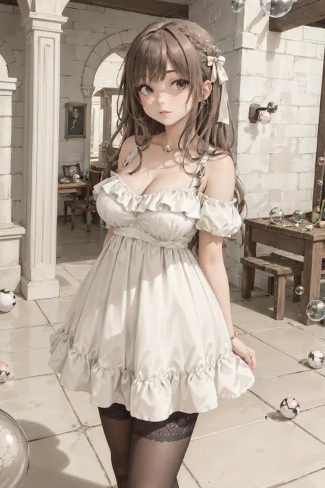 best quality, highly detailed, detailed background, female, long hair, large breasts, dress, stockings, (castle:1.2), (magic:1.2), indoors, stone walls, cracked, (orbs:1.3), (bubbles:1.3), <lora:_doll_dress:0.7>, wearing babyl_dress