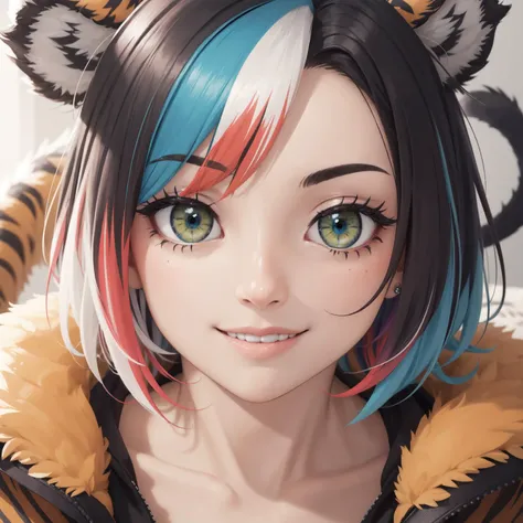 best quality, highly detailed, close up, female, face, short hair, smile, (hair highlights:1.3), (multicolored hair:1.3), (tiger pattern:1.3), green eyes