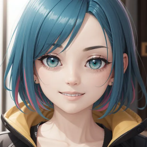 best quality, highly detailed, close up, female, face, short hair, smile, (hair highlights:1.3), multicolored hair, green eyes