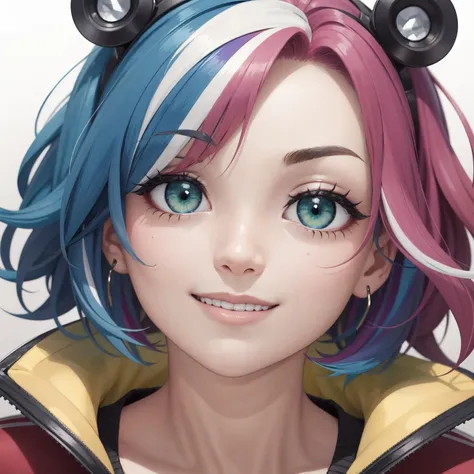 best quality, highly detailed, close up, female, face, short hair, smile, (hair highlights:1.3), (multicolored hair:1.3), tiger hair, green eyes