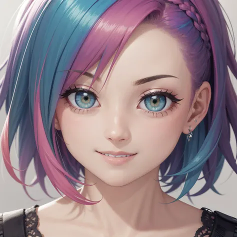 best quality, highly detailed, close up, female, face, short hair, smile, (targeted hair highlights:1.3), (multicolored hair:1.3), green eyes
