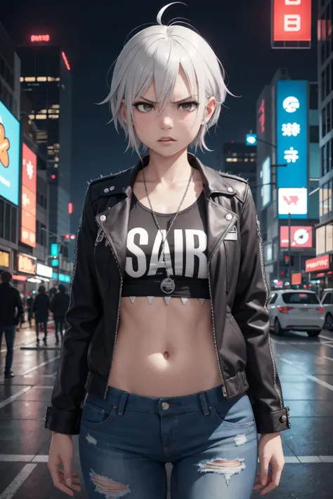 best quality, highly detailed, detailed background, female, girl, silver hair, spiky hair, angry, upset, mouth closed, punk rocker, jeans, torn shirt, jacket, neon lights, cyberpunk, dark, high contrast