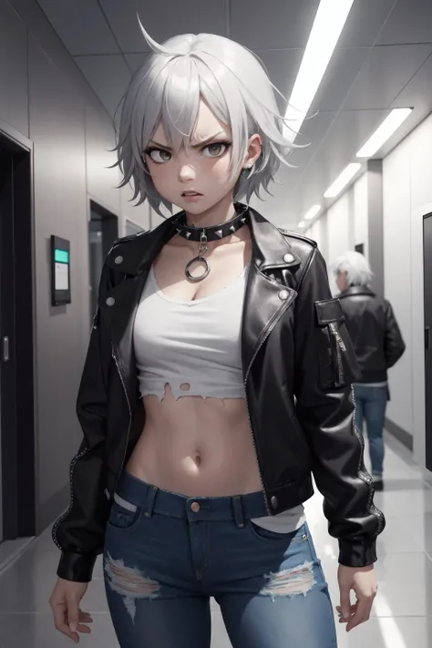 best quality, highly detailed, detailed background, female, girl, silver hair, spiky hair, angry, upset, mouth closed, punk rocker, spiked collar, jeans, torn shirt, jacket, neon lights, cyberpunk, hallway, dark, high contrast