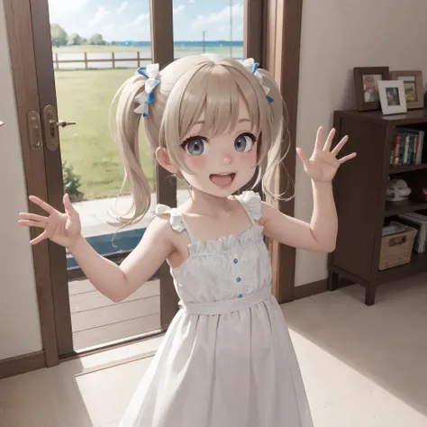best quality, highly detailed, detailed background, female, girl, pigtails, long hair, long dress, excited, jumping, hand up, cheerful, food, indoors, windows, bright, lens flair