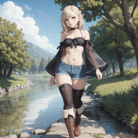 best quality, highly detailed, detailed background, full body, female, flat chest, thick thighs, shorts, tube top, sleeves, stockings, boots, river bed, waterside, trees, sunshine, light rays, ambient light