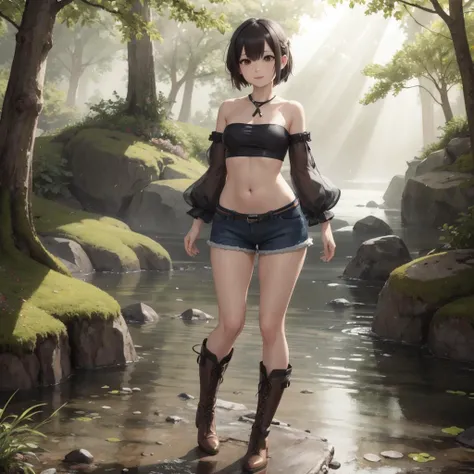 best quality, highly detailed, detailed background, full body, female, flat chest, thick thighs, shorts, tube top, sleeves, stockings, boots, river bed, waterside, trees, sunshine, light rays, ambient light