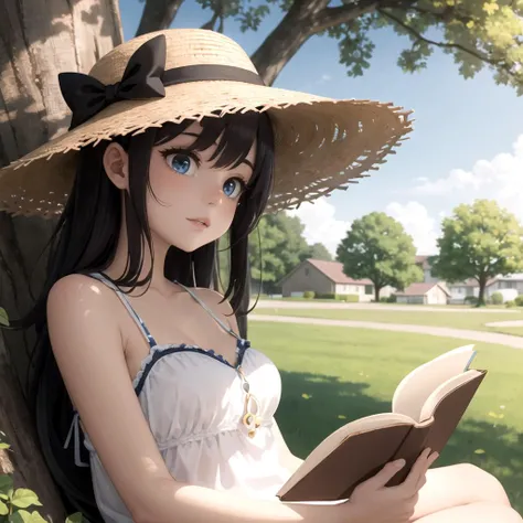 best quality, highly detailed, detailed background, female, girl, black hair, long hair, summer hat, looking away, reading book, outdoors, tree, sunshine, low-angle view,