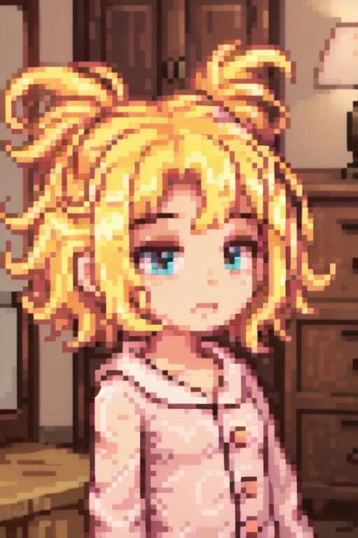 <lora:svportrait64-v1:0.9>, best quality, detailed background, upper body, close up, girl, (tired:1.1), blonde hair, short hair, pink pajamas, indoors,