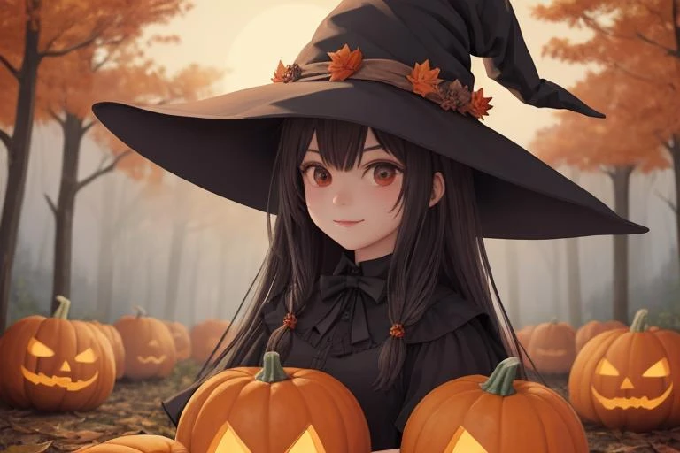 high quality, masterpiece, witch, witch hat, pumpkins, autumn,