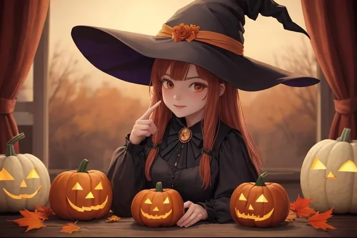 high quality, masterpiece, witch, witch hat, pumpkins, autumn,