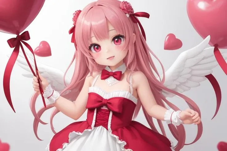 high quality, masterpiece, 1girl, valentine, cupid, heart, red, pink, white