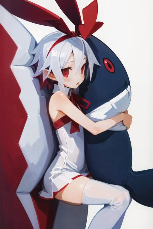(masterpiece, best quality, highres, absurdres, ultra-detailed:1.3), 1girl, solo, ((hugging plush shark body pillow)), <lora:disgaea_pleinair_v1:0.3>((pleinair, red hair ribbon, white dress, ribbon, white thighhighs, bare shoulders, light blue hair, red eyes)) <lora:harada_takehito_v2:0.7>