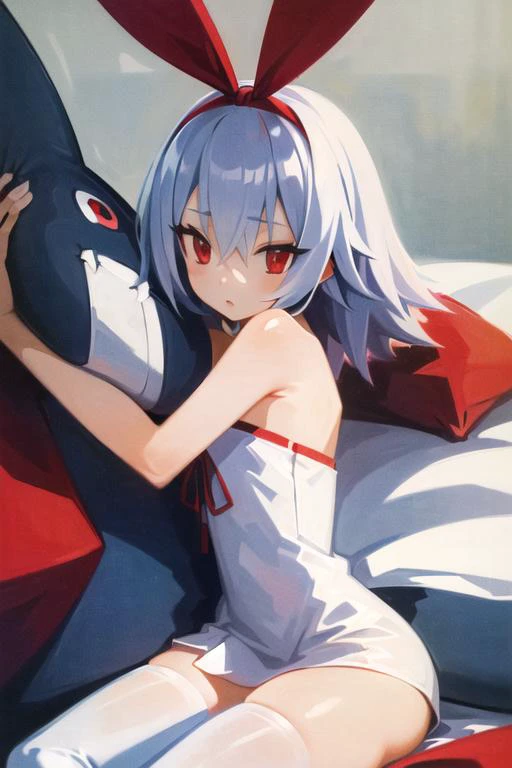 (masterpiece, best quality, highres, absurdres, ultra-detailed:1.3), 1girl, solo, ((laying in bed with a plush shark bodypillow)), <lora:disgaea_pleinair_v1:0.3>((pleinair, red hair ribbon, white dress, ribbon, white thighhighs, bare shoulders, light blue hair, red eyes)) <lora:harada_takehito_v2:0.7>