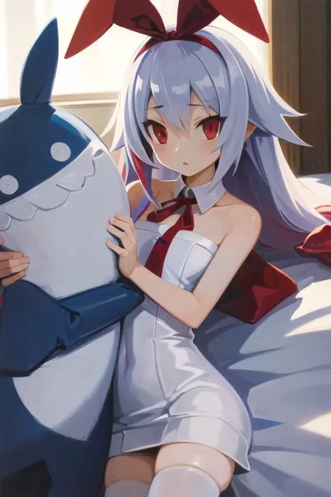 (masterpiece, best quality, highres, absurdres, ultra-detailed:1.3), 1girl, solo, ((laying in bed with a plush shark bodypillow)), <lora:disgaea_pleinair_v1:0.3>((pleinair, red hair ribbon, white dress, ribbon, white thighhighs, bare shoulders, light blue hair, red eyes)) <lora:harada_takehito_v2:0.7>