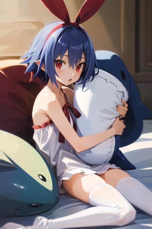 (masterpiece, best quality, highres, absurdres, ultra-detailed:1.3), 1girl, solo, ((laying in bed with a plush shark bodypillow)), <lora:disgaea_pleinair_v1:0.3>((pleinair, red hair ribbon, white dress, ribbon, white thighhighs, bare shoulders, light blue hair, red eyes)) <lora:harada_takehito_v2:0.7>