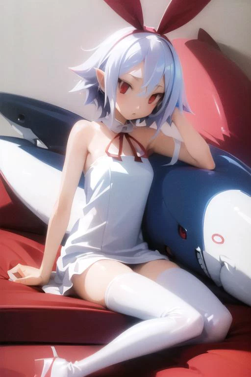 (masterpiece, best quality, highres, absurdres, ultra-detailed:1.3), 1girl, solo, ((in bedroom, laying on shark pillow)), <lora:disgaea_pleinair_v1:0.3>((pleinair, hair ribbon, white dress, ribbon, white thighhighs, bare shoulders, light blue hair, red eyes, latex)) <lora:harada_takehito_v2:0.7>