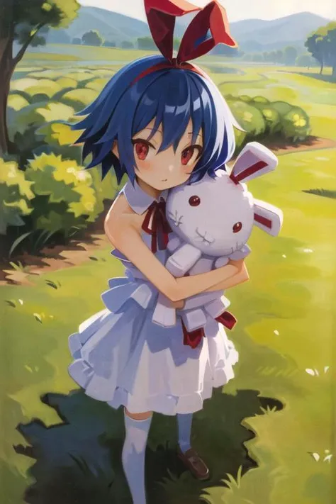 (masterpiece, best quality, highres, absurdres, ultra-detailed:1.3), 1girl, solo, ((hugging stuffed plush rabbit)), <lora:disgaea_pleinair_v1:0.3>((pleinair, red hair ribbon, white dress, ribbon, white thighhighs, bare shoulders, blue hair, red eyes)) <lora:harada_takehito_v2:0.7>
