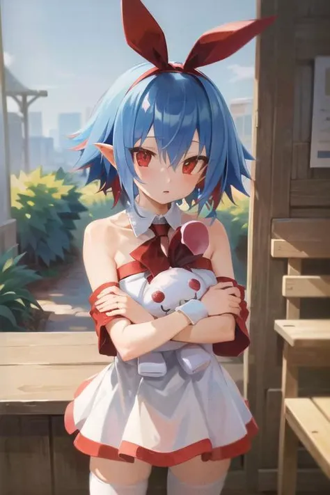 (masterpiece, best quality, highres, absurdres, ultra-detailed:1.3), 1girl ((hugging stuffed plush rabbit)),  <lora:disgaea_pleinair_v1:0.65>((pleinair, red hair ribbon,  white dress, ribbon,  white thighhighs, bare shoulders, blue hair, red eyes)) <lora:harada_takehito_v2:0.35>