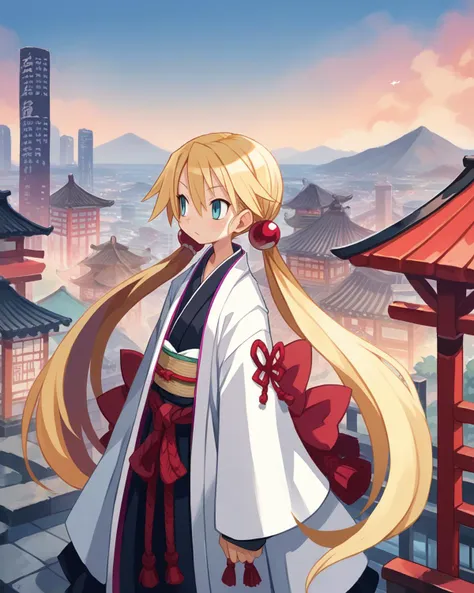 score_9, score_8_up, score_7_up, source_anime, solo, 1girl, blonde hair, long hair, twintails, looking to the side, japanese clothes, Cityscape, , , harada takehito, <lora:harada_takehito_PDXL-000001:1>