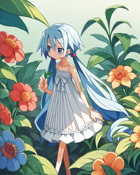 score_9, score_8_up, score_7_up, source_anime, solo, 1girl, light blue hair, long hair, twintails, looking at another, Tiered dress, greenhouse, , , harada takehito, <lora:harada_takehito_PDXL-000001:1>