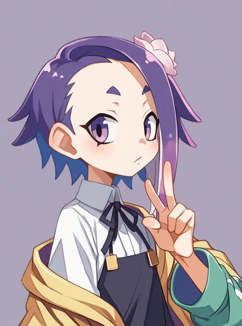 score_9, score_8_up, score_7_up, source_anime, solo, 1girl, , cephalopod_girl, asymmetrical fringe, , lavender background, finger gun, ,  harada takehito, <lora:harada_takehito_PDXL-000001:1>