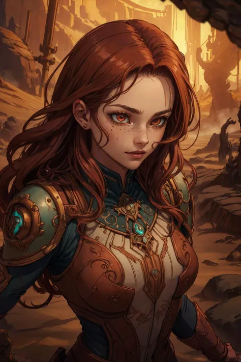 beautiful, linework, (outlines:1.05), shadows, <lora:detail_slider_v4:1.0>, <lora:realistic:0.4>, <lora:tangbohu-line_1.0:0.3>, <lora:colorify:0.3>,
<lora:GoodHands-beta2:0.8>,
1 girl, adult woman, freckles, red eyes, chestnut layered hair, ombre,
portrait, solo, upper body, looking down, detailed background, detailed face, (<lora:CattlePunkAI:0.6>, CattlePunkAI theme:1.1), rock-sorcerer, gem-like eyes, focusing, dynamic movement, stone armor, swirling sand earthen tendrils, glowing geomancy sigils, erosion patterns in background, dim light, fantasy atmosphere,