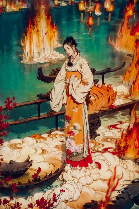 ((masterpiece, best quality,4K)), 1girl ,solo, red hair, longhair, hair flower, red-orange themes, chinese clothes, floating flowers, flames, fire, (Luminous background),(Rich picture:1.1),fish eye lens, up view, ((standing centre)), face front, laser, full of imagination, Surrounded by clouds, wear red-orange hanfu, Chinese Traditional cloth, <lora:kungfu:1> <lora:xrs2.0:1> <lora:tangbohu-line_1.0:1>