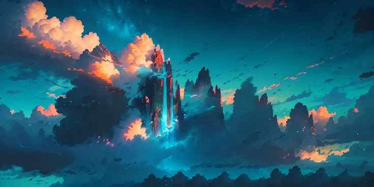 extremely detailed CG unity 8k wallpaper,((masterpiece)), (((best quality))), ((ultra-detailed)), ((illustration)), Amazing, beautiful, nature, sky and ground,{{{excite people's mind}}},{{Light and shadow rendering}}, heavy wind, line cloud,Light shoot from the clouds, blue, <lora:cheeseDaddysLandscapes_35:0.5>, <lora:sunAndShadow_v10:0.5>, <lora:howlsMovingCastleInterior_v3:0.5>, <lora:ruinsAndLight_v10:0.3>