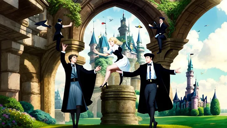 (glitchstick:0.25) (photo:1), group of (2 woman:1) (2 man:1) [a mind-reading device leads to invasion of privacy|a quest to save a magical kingdom] castle (howlbgs:1) (scenery:1)   <lora:howlsMovingCastleInterior_v1:0.6>  <lora:GlitchStickV15-256:0.3> (wlop:1) <lora:wlopStyleLora_30Epochs:0.3> <lora:johnsondesuv15-320-e1:0.3>