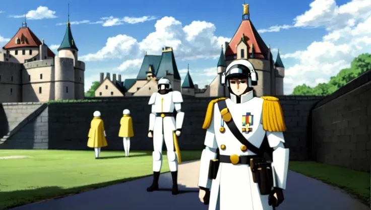 low angle (anime:1), group of (SpaceWar:0.2) soldier standing in front of castle (howlbgs:1) (scenery:1) (crazy eyes:1) <lora:SpacewarV15-256:0.2> <lora:howlsMovingCastleInterior_v1:1> <lora:crazyExpressions:1>