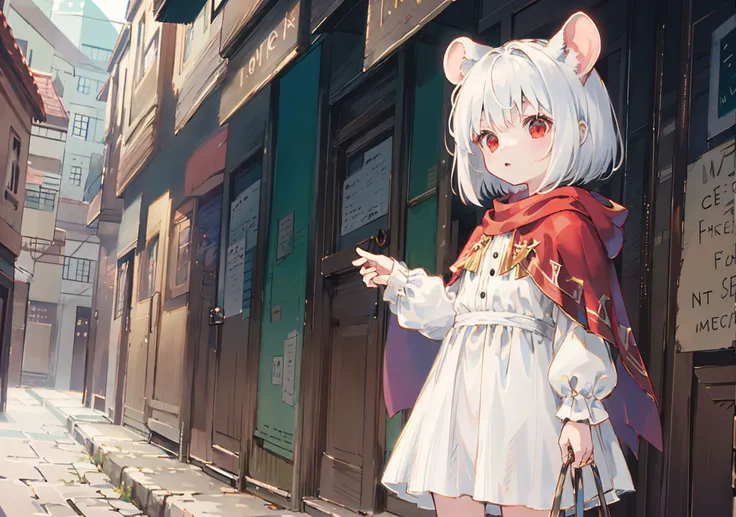 howlbgs, city, 1girl, (child:1.1), white dress, red cape, red eyes, mouse ears, white hair, bob hair, cowboy shot