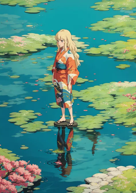 <lora:ghibli_style_offset:0.7> ghibli style , 1female, blonde hair, long hair, wavy hair, kimono
<lora:howllatentDADAP4:0.6> howlbg, lake, koi fish