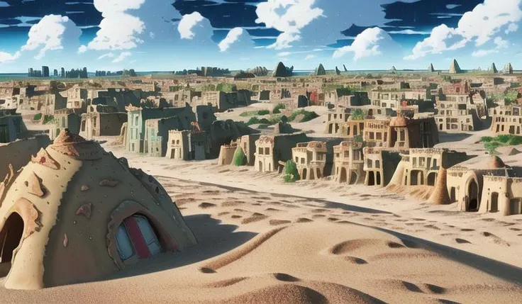 howlbgs, scenery, anime screencap, nausicaa, sea of decay, birdseye view, (rough terrain:1.6), (houses reclaimed by color fungus:1.5), (buildings buried under sand:1.7), (spores:1.6), (ash rain:1.4), (fluffy bushes:1.1), (debris:1.6), high winds, cumulonimbus clouds, cirrus clouds, thick outlines, sharp outlines, 8K, UHD, Fujifilm X3, filmgrain, <lora:howlsMovingCastleInterior_v1:0.3>