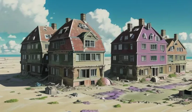 howlbgs, scenery, anime screencap, sea of decay, birdseye view, (post-apocalyptic:1.4), (houses reclaimed by nature:1.5), (buildings buried under sand:1.4), (spikey spores:1.4), (air pollen:1.5), (dust balls:1.1), (dead purple trees), (debris:1.4), high winds, cumulonimbus clouds, cirrus clouds, <lora:howlsMovingCastleInterior_v1:0.5>, <lora:studioGhibliStyle_offset:1>, thick outlines, sharp outlines, ghibli style, extreme detail, 8K, UHD, Fujifilm X3, filmgrain