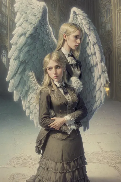 Intricate, extremely_clear, digital photography, Fibonacci, (professional photograpy:1.1), background, (((a woman in a suit is holding a woman close with angel wings in a Victorian manor:1.5))), trending on artstation, beautiful gorgeous Hispanic girl, (apocalyptic), elegant, portrait, in the style of <lora:howlsMovingCastleInterior_v3:1>, (immaculate:1.3), fence, (Tolkien)
