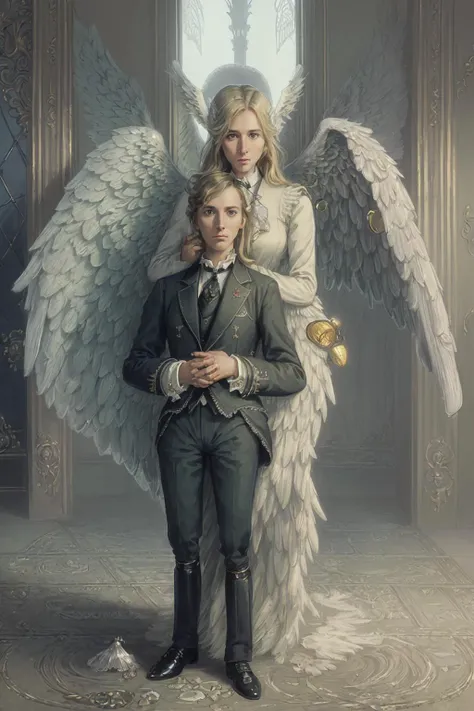 Intricate, extremely_clear, digital photography, Fibonacci, (professional photograpy:1.1), background, (((a woman in a suit is holding a man close with angel wings in a Victorian manor:1.5))), trending on artstation, beautiful gorgeous Mediterranean boy, (apocalyptic), elegant, portrait, in the style of <lora:howlsMovingCastleInterior_v3:1>, (immaculate:1.3), fence, (Tolkien)