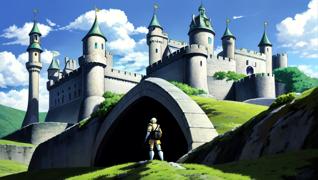 low angle (anime:1), group of (SpaceWar:0.2) soldier standing in front of castle (howlbgs:1) (scenery:1) (crazy eyes:1) <lora:SpacewarV15-256:0.2> <lora:howlsMovingCastleInterior_v1:1> <lora:crazyExpressions:1>