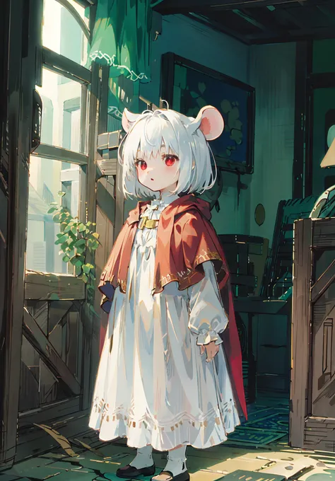 red eyeshowlbgs, city, 1girl, (:1.1), white dress, red cape, red eyes, mouse ears, white hair, bob hair, cowboy shot