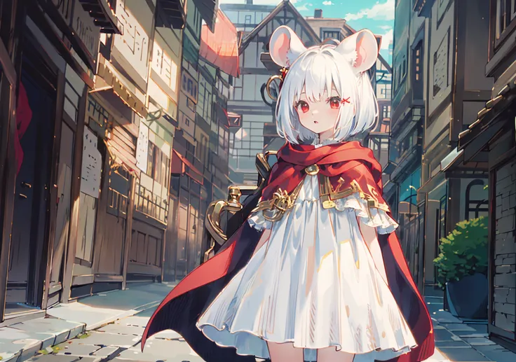 howlbgs, city, 1girl, (child:1.1), white dress, red cape, red eyes, mouse ears, white hair, bob hair, cowboy shot